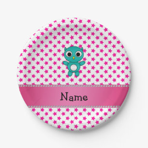 Personalized name turquoise owl pink stars paper plate