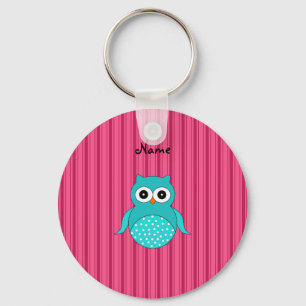 Personalized name turquoise owl pink stripes keychain