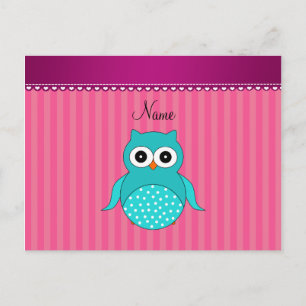 Personalized name turquoise owl pink stripes postcard