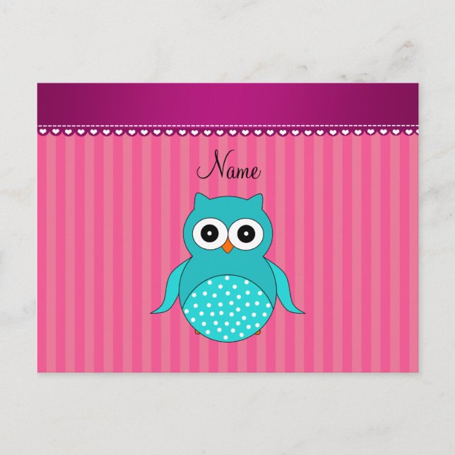 Personalized name turquoise owl pink stripes postcard (Front)