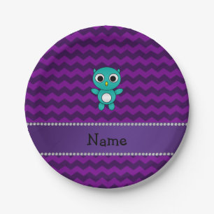 Personalized name turquoise owl purple chevrons paper plate