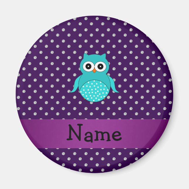 Personalized name turquoise owl purple diamonds magnet (Front)