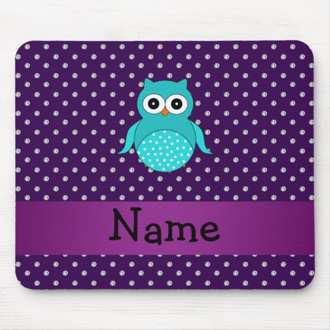 Personalized name turquoise owl purple diamonds mouse pad (Front)