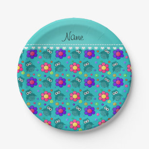 Personalized name turquoise owls flowers pattern paper plate