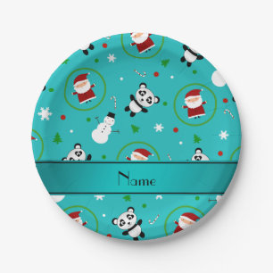 Personalized name turquoise panda santas christmas paper plate