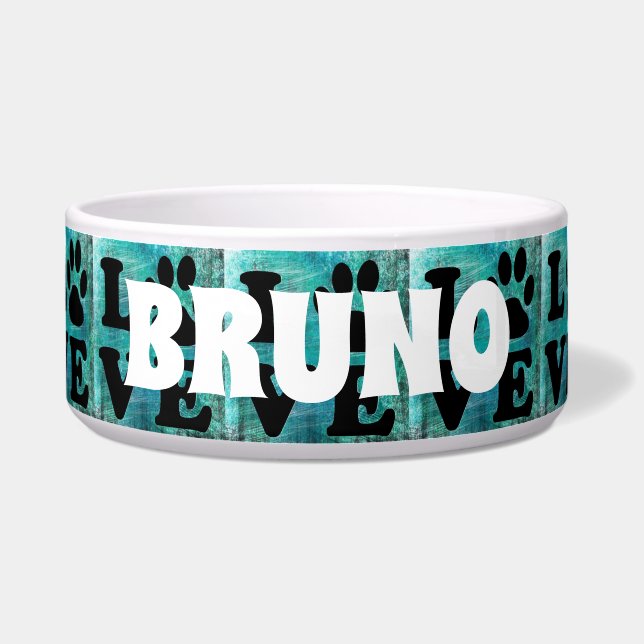 Personalized Name Turquoise Paw Love Dog Bowl (Front)