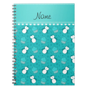 Personalized name turquoise penguins cupcakes star notebook
