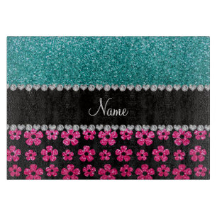 Personalized name turquoise pink glitter flowers cutting board
