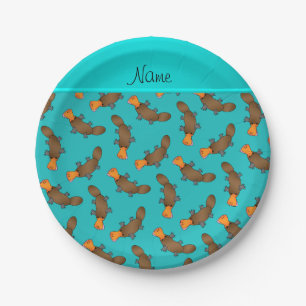 Personalized name turquoise platypus pattern paper plate