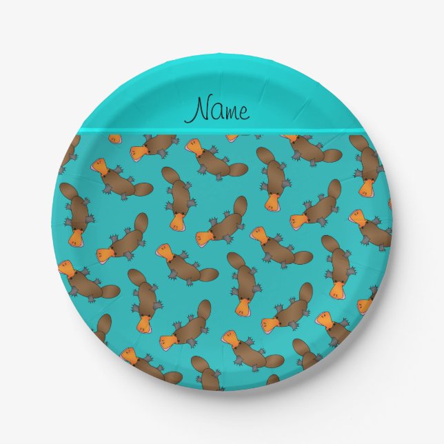 Personalized name turquoise platypus pattern paper plate (Front)