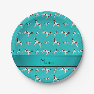 Personalized name turquoise Pointer dogs Paper Plate