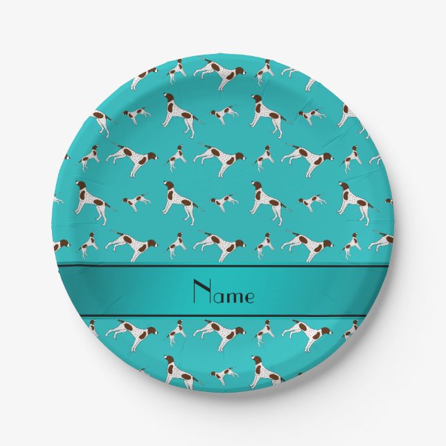 Personalized name turquoise Pointer dogs Paper Plate (Front)