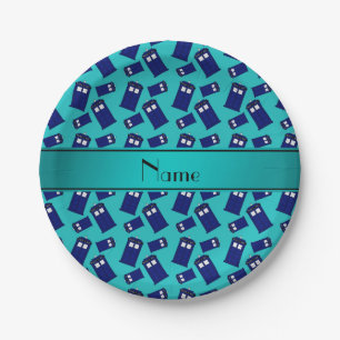 Personalized name turquoise police box paper plate