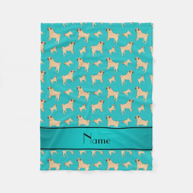 Personalized name turquoise Pug dogs Fleece Blanket (Front)