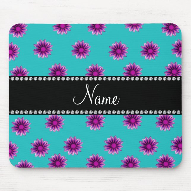 Personalized name turquoise purple pink flowers mouse pad (Front)