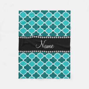 Personalized name turquoise quatrefoil pattern fleece blanket