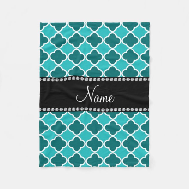 Personalized name turquoise quatrefoil pattern fleece blanket (Front)