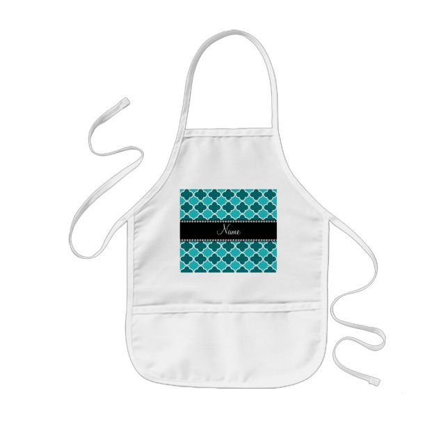 Personalized name turquoise quatrefoil pattern kids apron (Front)