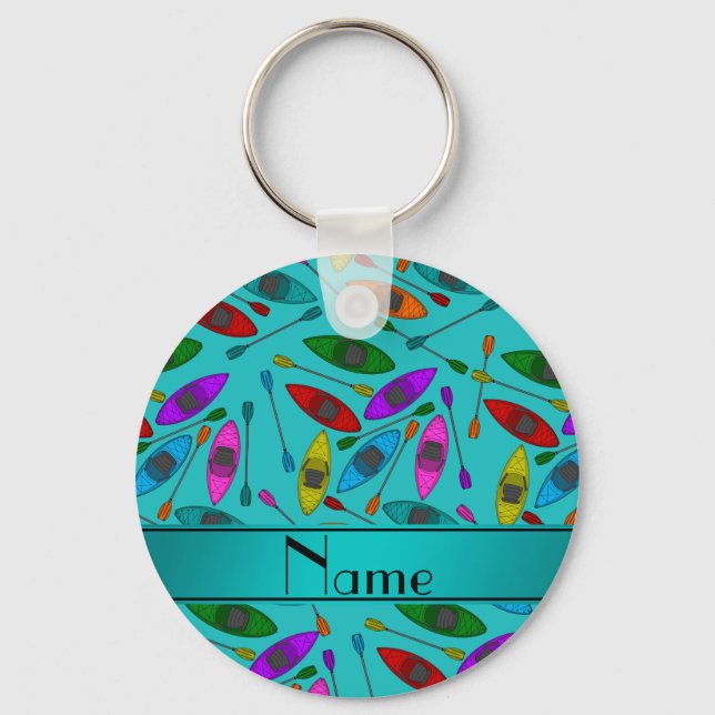 Personalized name turquoise rainbow kayaks keychain (Front)