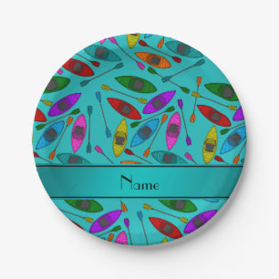 Personalized name turquoise rainbow kayaks paper plate