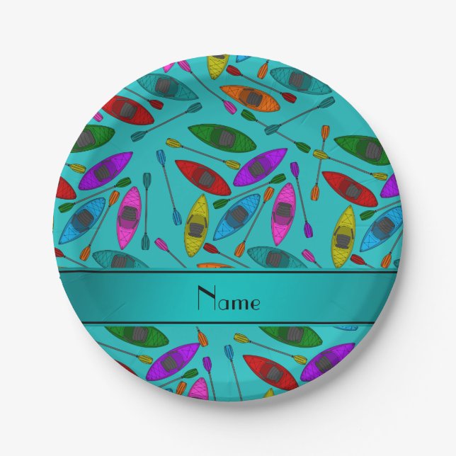 Personalized name turquoise rainbow kayaks paper plate (Front)