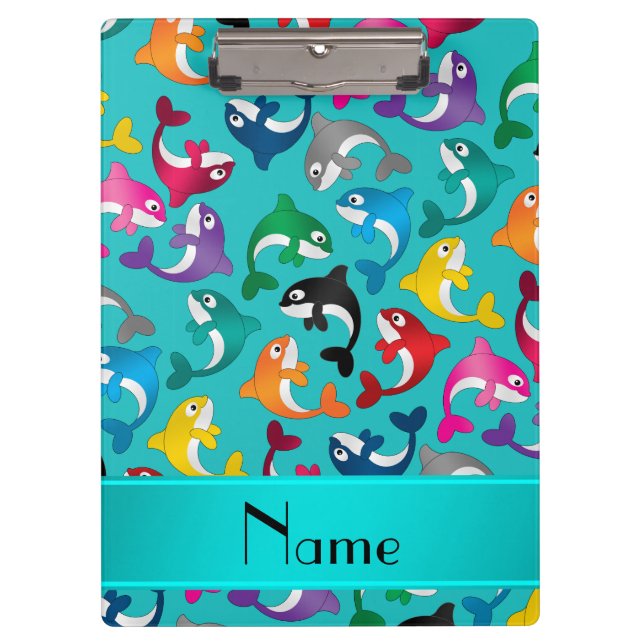 Personalized name turquoise rainbow killer whales clipboard (Front)