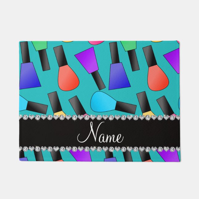 Personalized name turquoise rainbow nail polish doormat (Front)