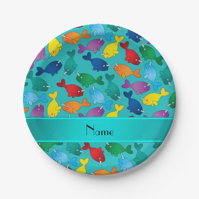 Personalized name turquoise rainbow narwhals paper plate (Front)