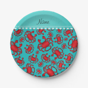 Personalized name turquoise red crab pattern paper plate