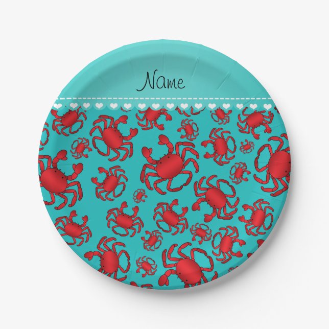 Personalized name turquoise red crab pattern paper plate (Front)