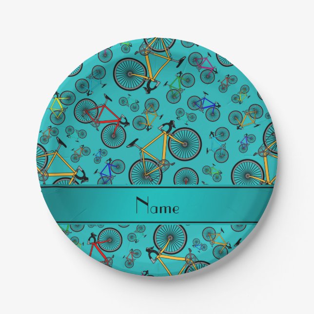 Personalized name turquoise road bikes paper plate (Front)