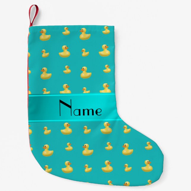 Personalized name turquoise rubber duck pattern small christmas stocking (Front)