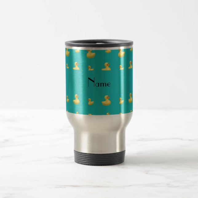 Personalized name turquoise rubber duck pattern travel mug (Center)