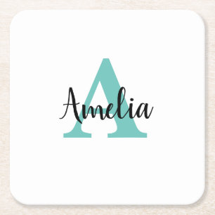 Personalized Name Turquoise Script Monogram Square Paper Coaster