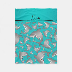 Personalized name turquoise shark pattern fleece blanket