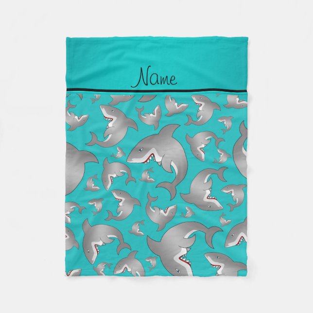 Personalized name turquoise shark pattern fleece blanket (Front)