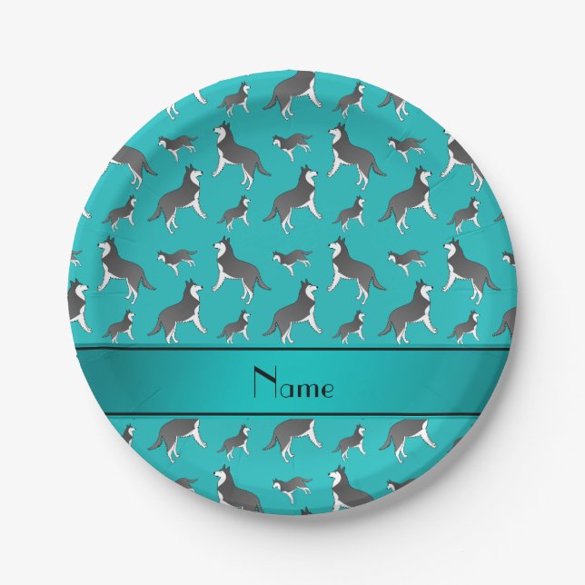 Personalized name turquoise siberian husky dogs paper plate (Front)