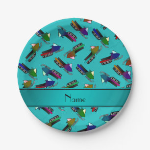 Personalized name turquoise snowmobiles paper plate