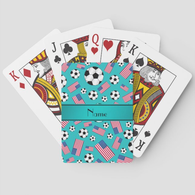 Personalized name turquoise soccer american flag playing cards (Back)