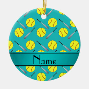Personalized name turquoise softball pattern ceramic ornament