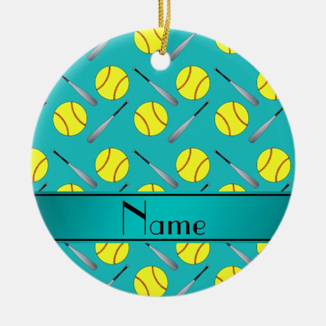 Personalized name turquoise softball pattern ceramic ornament (Front)