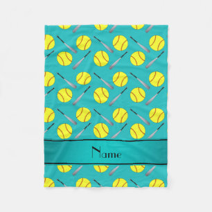 Personalized name turquoise softball pattern fleece blanket