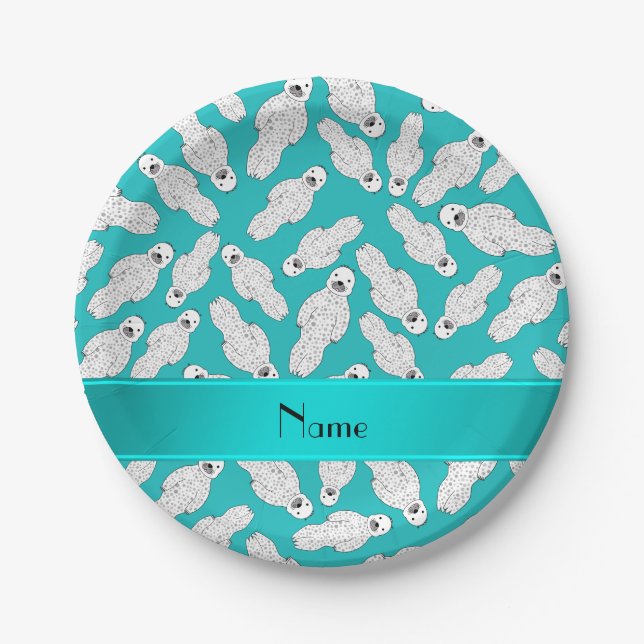 Personalized name turquoise spotted seal paper plate (Front)