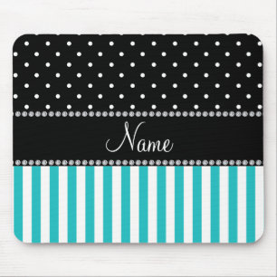 Personalized name turquoise stripes black dots mouse pad