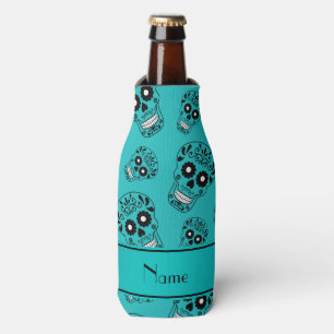 Personalized name turquoise sugar skulls bottle cooler