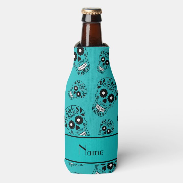 Personalized name turquoise sugar skulls bottle cooler (Bottle Front)