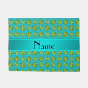 Personalized name turquoise tennis balls pattern doormat