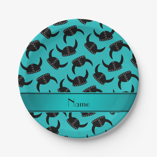 Personalized name turquoise viking hat pattern paper plate (Front)