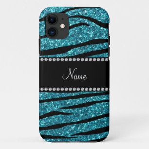 Personalized name turquoise zebra stripes iPhone 11 case