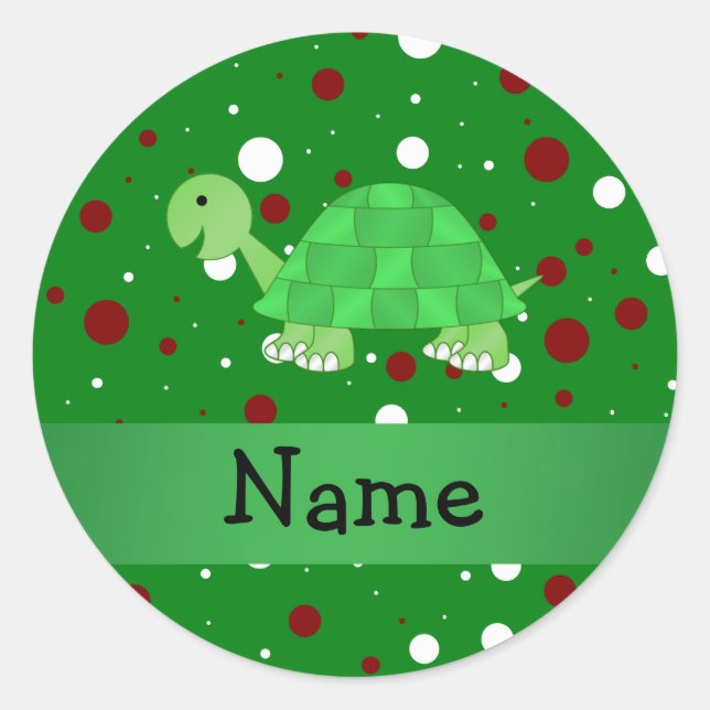 Personalized name turtle christmas polka dots classic round sticker (Front)